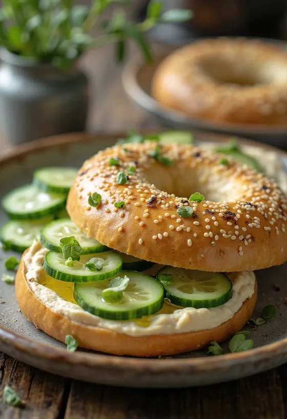 Bagel with hummus and fresh cucumber, garnished with parsley