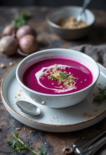 Beetroot cream soup with silky texture, garnished with sour cream and toasted seeds