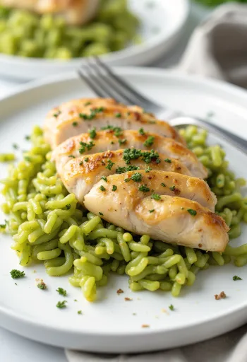 Chicken breast served with pesto rice