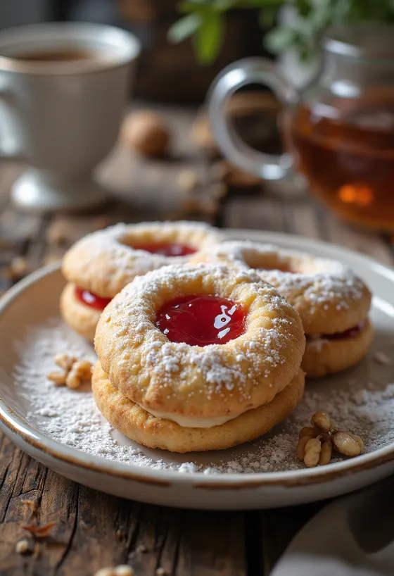 Walnut Linzer cookies with icing sugar and jam filling
