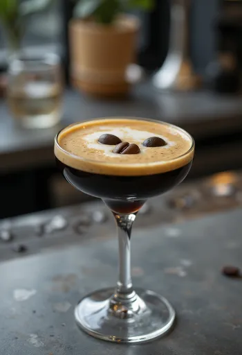 Espresso Martini cocktail decorated with three coffee beans