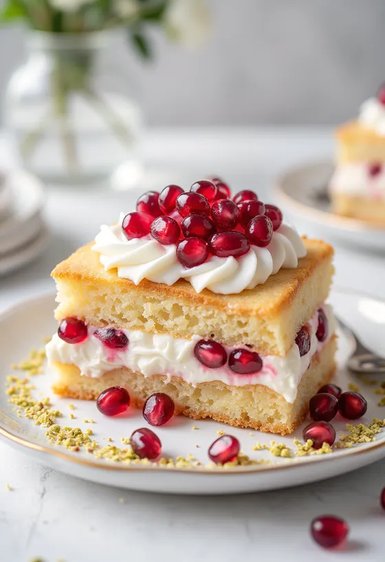 Pomegranate cream sponge decorated with fresh pomegranate seeds