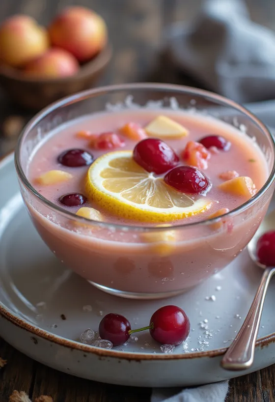 Fruit soup with a cooling and creamy texture, served with fresh fruit pieces