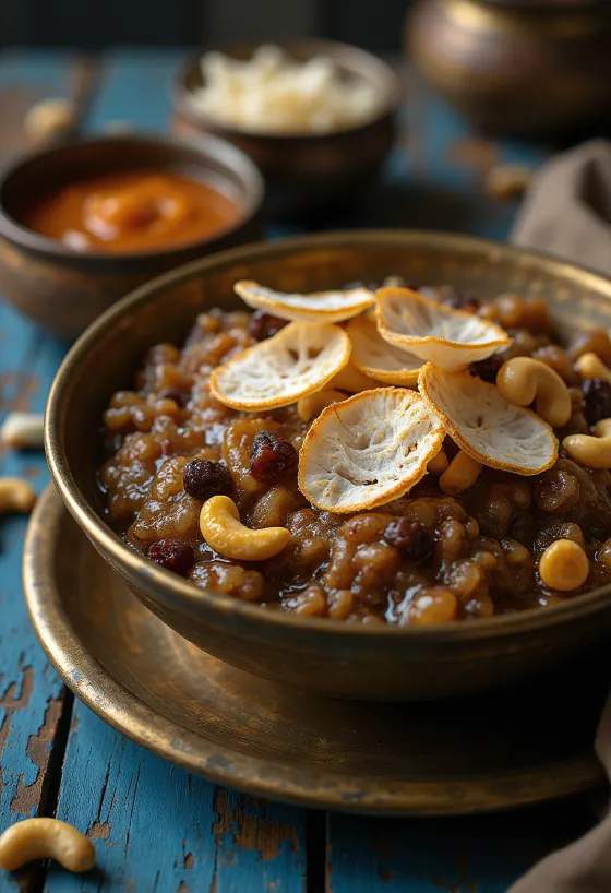 Kovil Sakkarai Pongal served with fresh herbs