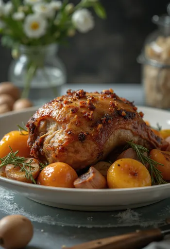 Roast porcupine with herbs served with roasted vegetables.