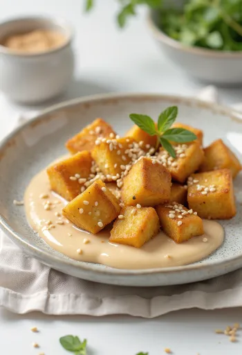 Roasted tofu with tahini sauce served