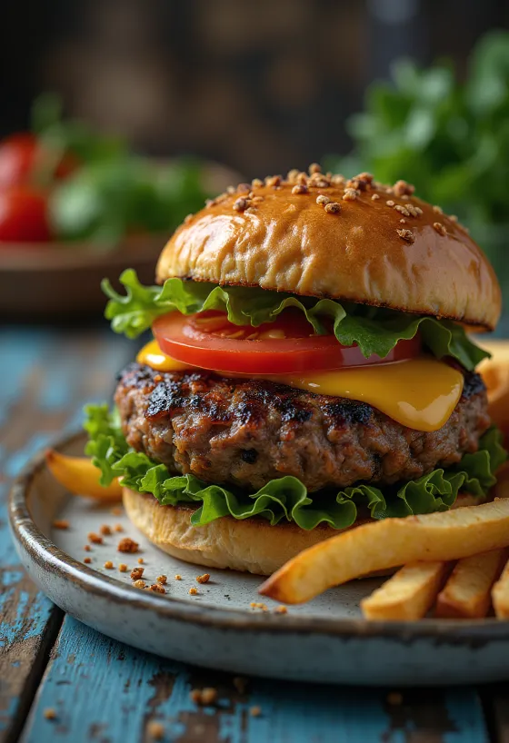 Vegan burger with vegan cheese and fresh vegetables
