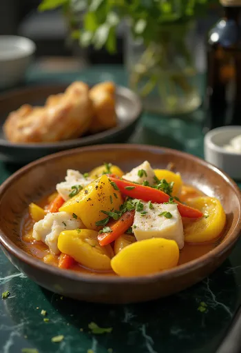 Ackee and saltfish served with vegetables and spices