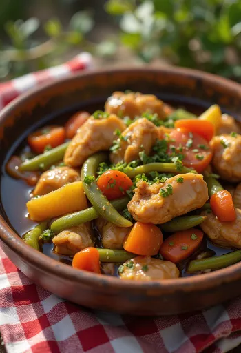 Adobo with vegetable ragout, garnished with fresh coriander