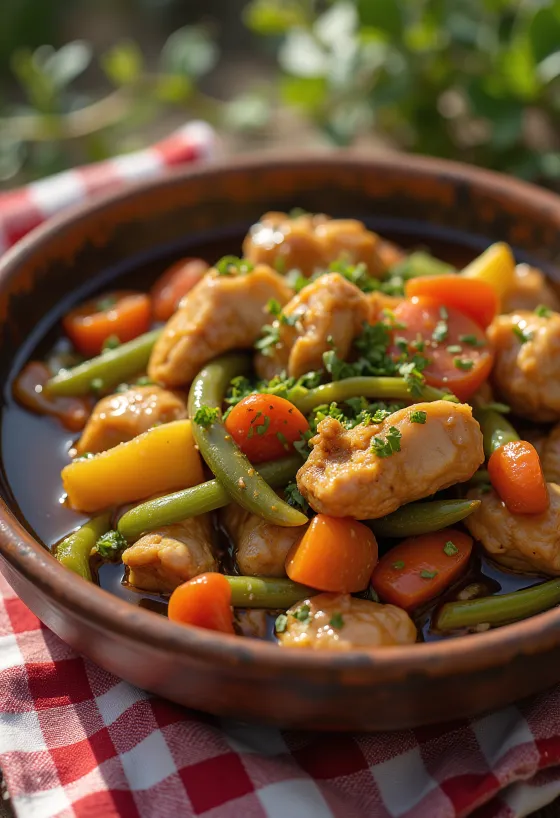 Adobo with vegetable ragout, garnished with fresh coriander