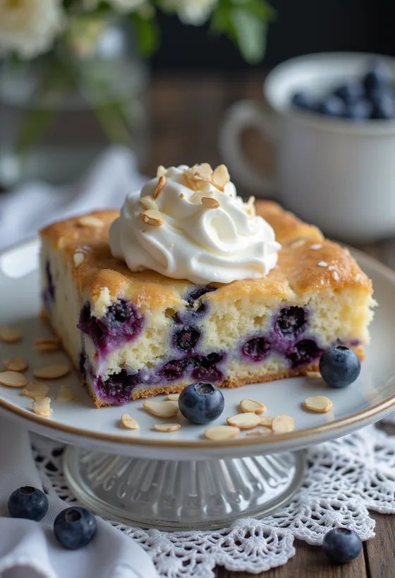 Blueberry almond cake decorated with fruits