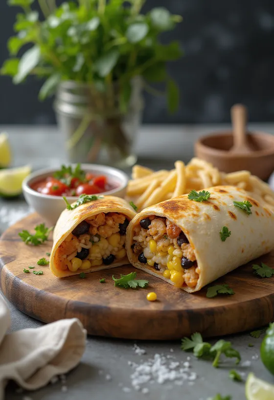 Chicken burrito filled with fresh vegetables, rice and cheese