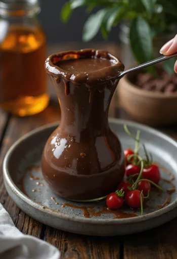 Chocolate chilli sauce served with fresh fruit