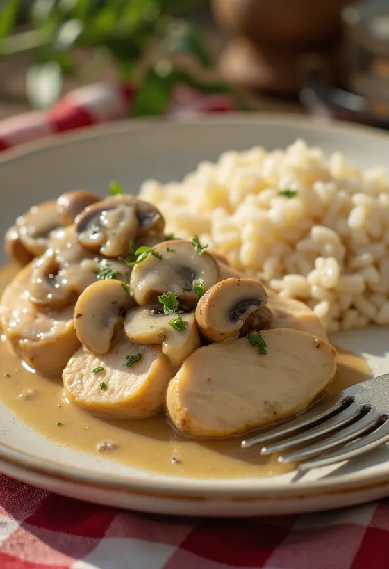 Juicy mushroom chicken breast served with creamy mushroom sauce on a white plate.