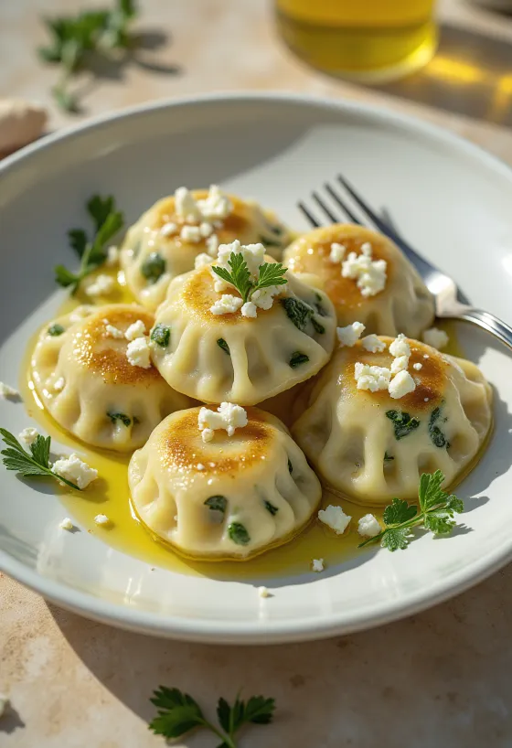 Spinach & Feta pierogi served with soured cream