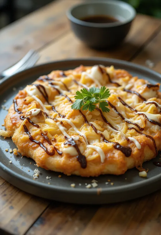 Okonomiyaki pizza with cabbage and tuna flakes