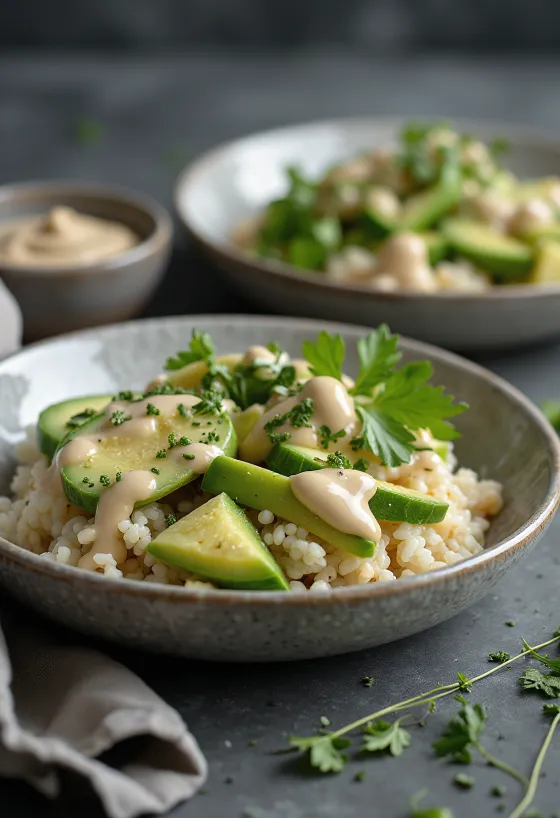 Tahini poké with fresh vegetables on a bed of rice, garnished with fresh coriander and lime juice.