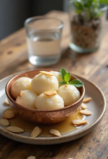 Rasgulla decorated with almonds, served on an elegant plate.