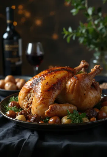 Roast turkey with chestnut stuffing served on a platter with vegetables.