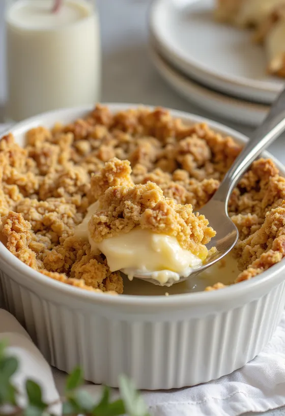 Curd cheese and oat crumble pie served