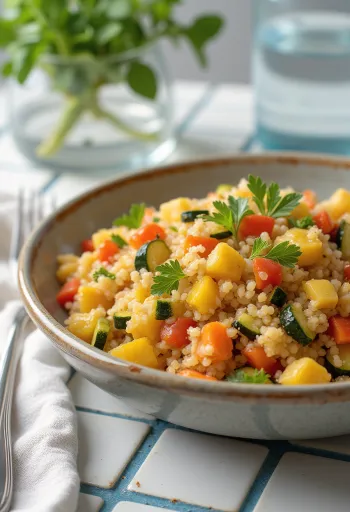 Vegetable bulgur served with fresh pepper, tomato and courgette pieces