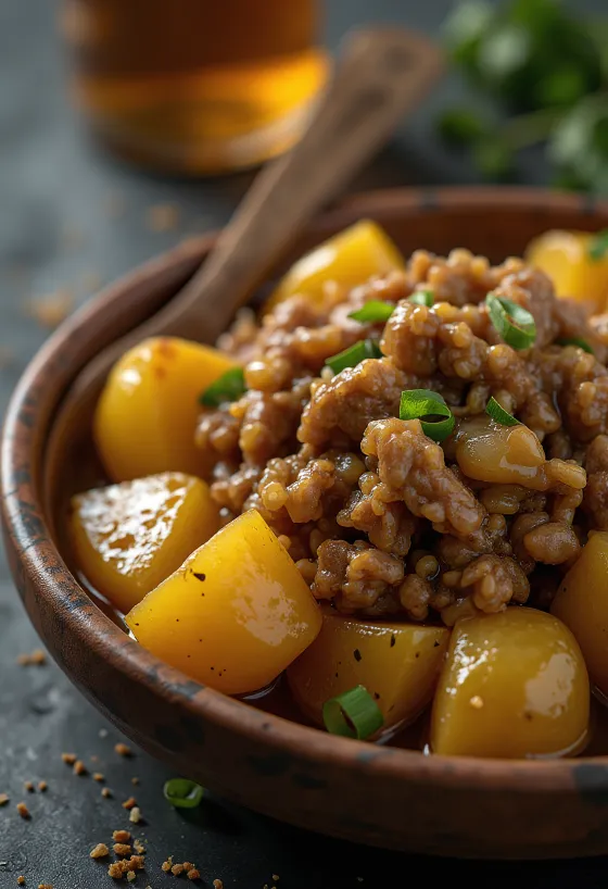 Adobo with potatoes, spicy meat and crispy potato served