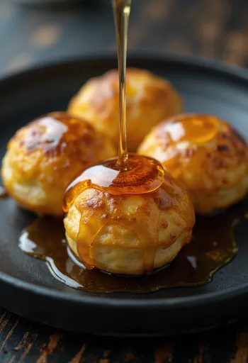 Æbleskiver with maple syrup, fresh pastries, golden brown