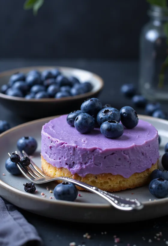 Blueberry mousse cake decorated with fresh blueberries