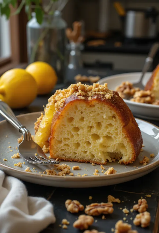 Lemon walnut Bundt cake served