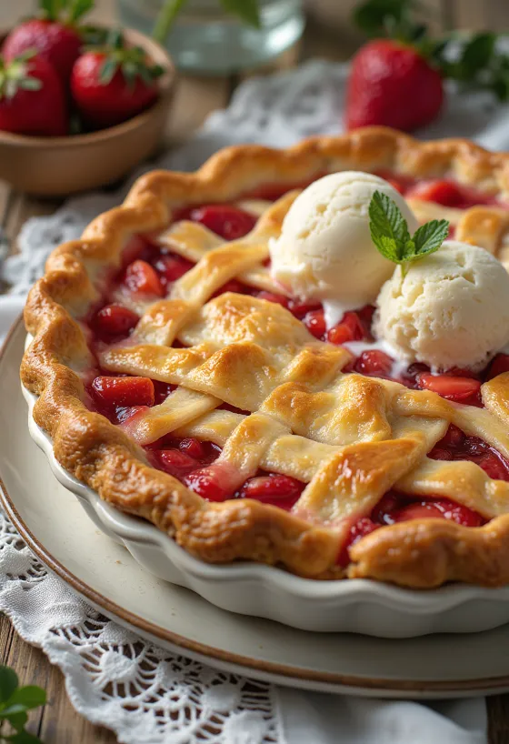 Strawberry pie with golden brown pastry and fresh strawberries