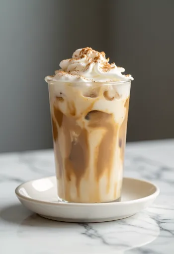 Cinnamon iced coffee decorated with whipped cream and cinnamon