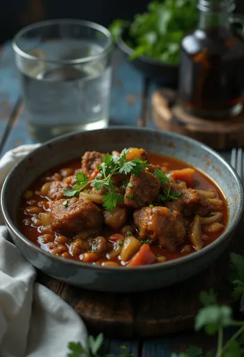 Goat stew served with rice and coriander