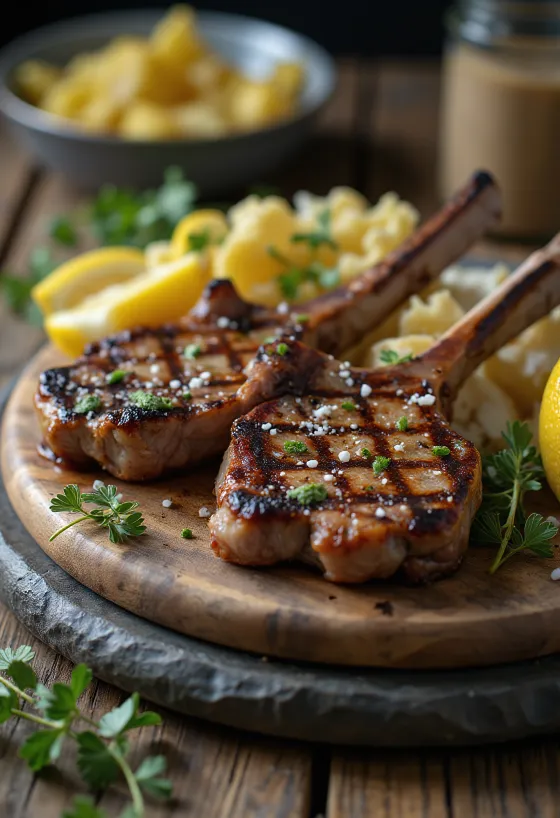 Grilled lamb chops served with rosemary and lemon