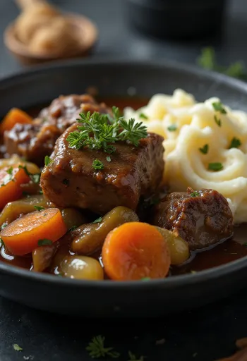 Lamb shoulder stew served in a rustic bowl