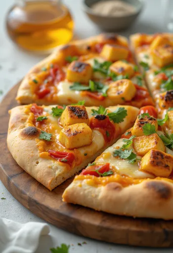 Paneer tikka pizza with yoghurt sauce and vegetables