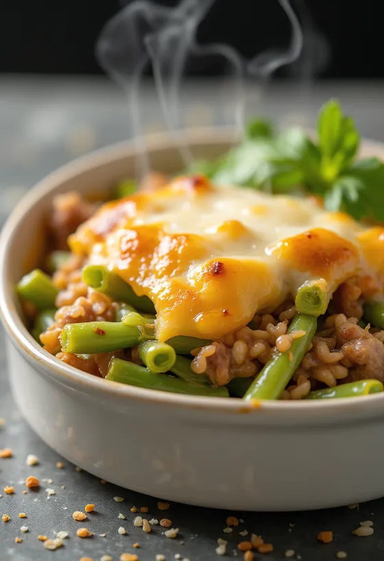 Layered green beans with fresh sour cream and grilled cheese on top.
