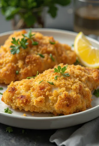 Breaded chicken breast fried golden brown served with salad