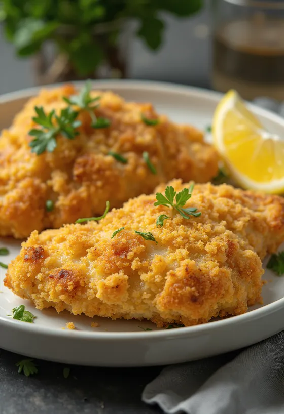 Breaded chicken breast fried golden brown served with salad