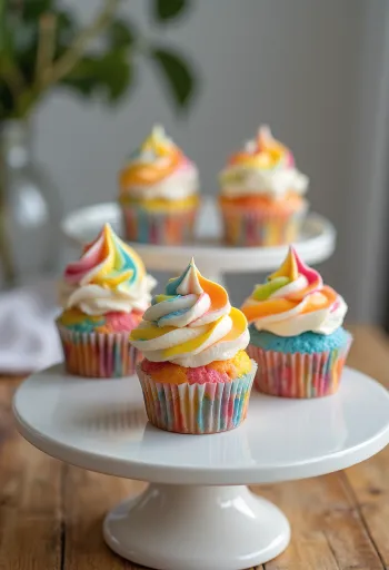 Freshly baked rainbow frosted cupcake