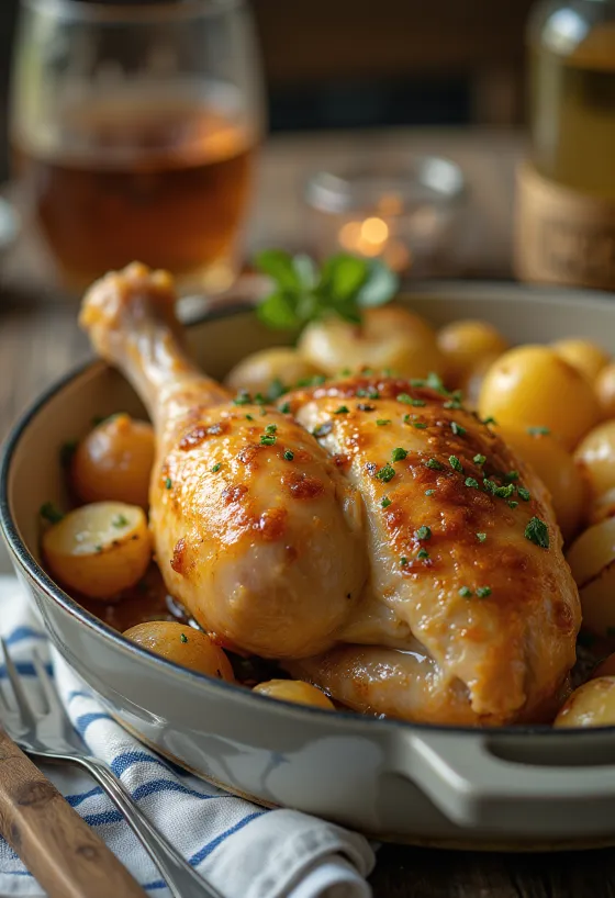Juicy stuffed chicken thigh served with fresh vegetables and potatoes.