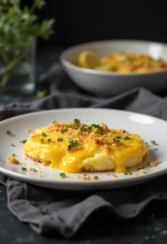 Welsh rarebit with egg served, in cheese sauce, on toast