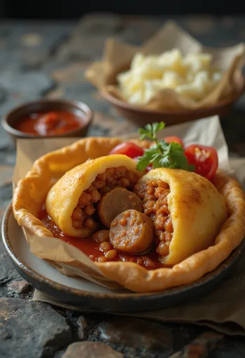 Acarajé with sausage, spicy beans and fresh parsley garnish