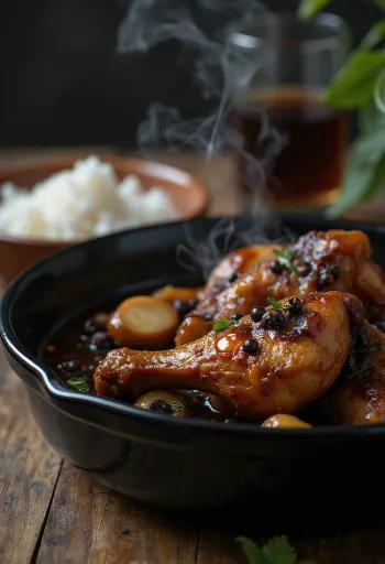 Adobo chicken, cooked in soy sauce, served with rice