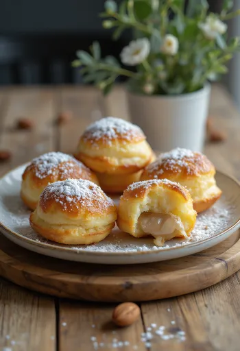 Æbleskiver with almond filling, dusted with icing sugar