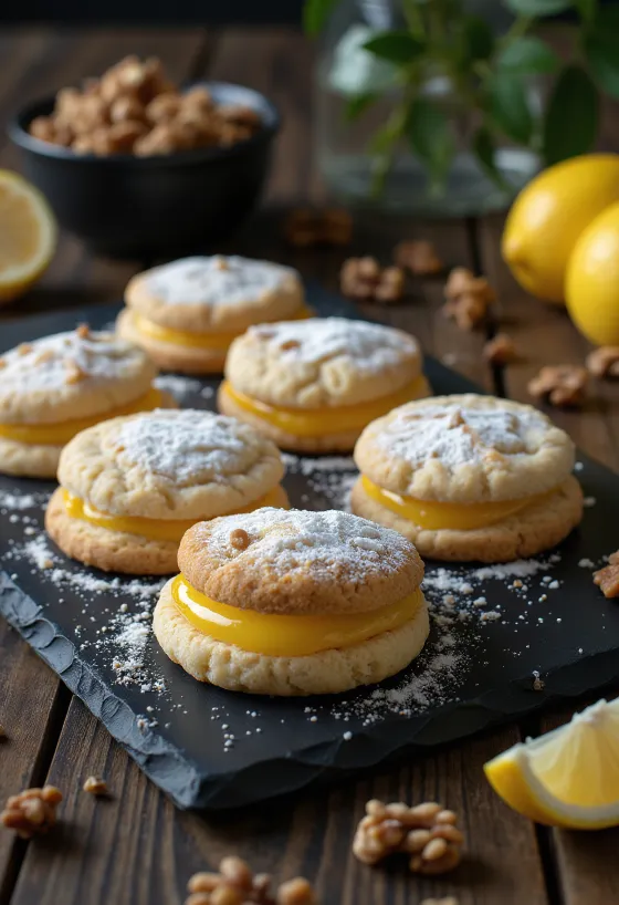 Lemon and walnut Linzer biscuits served on a plate