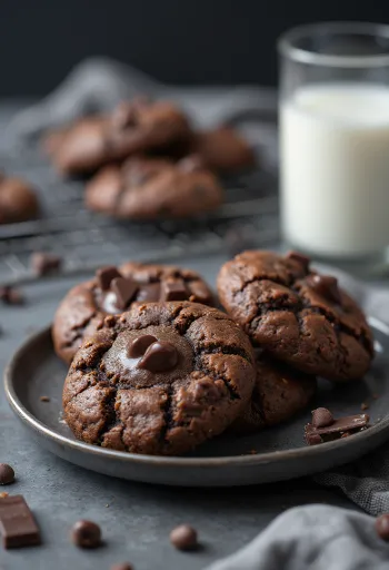 Rich chocolate cookie sprinkled with melted chocolate and icing sugar
