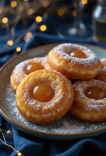 Carnival doughnuts dusted with icing sugar and served with jam