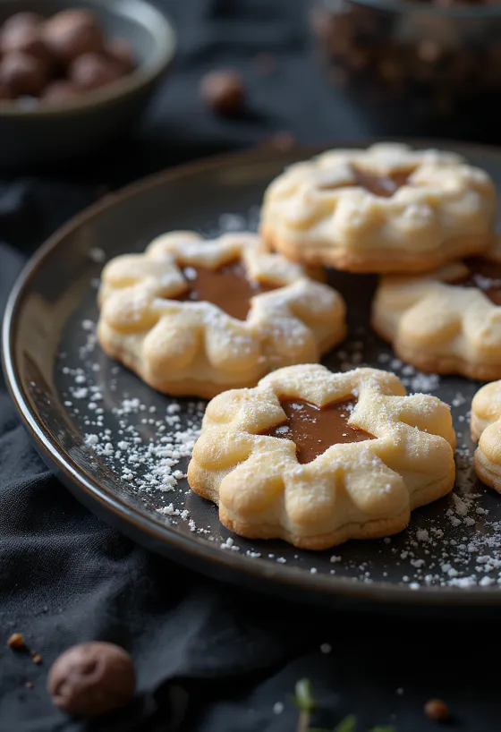 Chestnut Linzer biscuits served on a plate