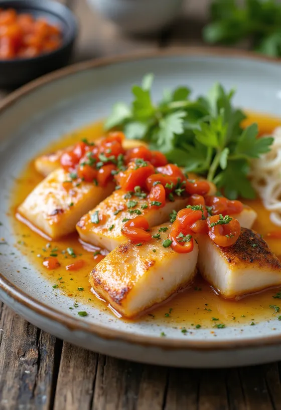 Gilda with hot peppers, fresh fish, spicy sauce, parsley