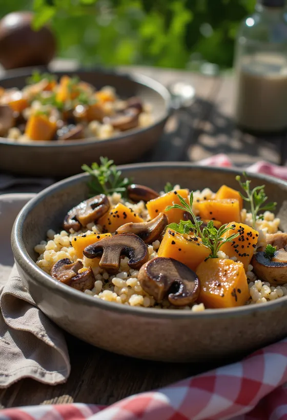 Mushroom quinoa Buddha bowl served with fresh vegetables